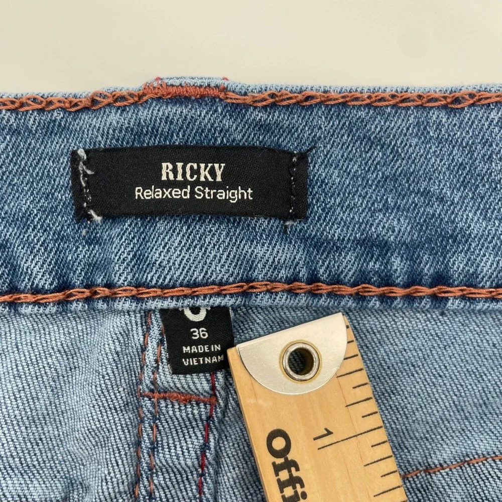 True Religion Ricky Jeans Mens 36 Blue Relaxed Straight Contrast Red Stitching